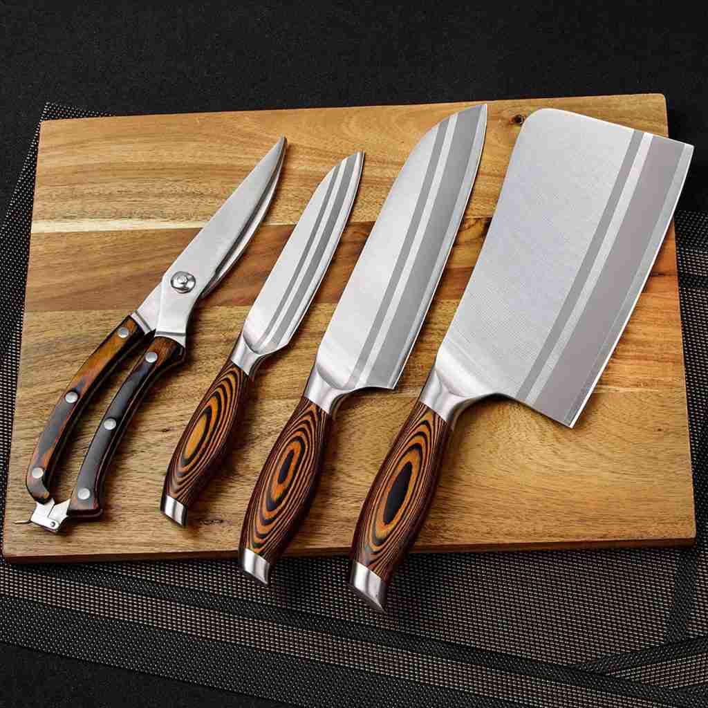 MSY BIGSUNNY 4 Pieces Butcher Kitchen Knife Set 7"Chopper 7"Santoku Knife 5"Utility and Kitchen Shears for Easy Fast Cutting & Slicing Multipurpose
