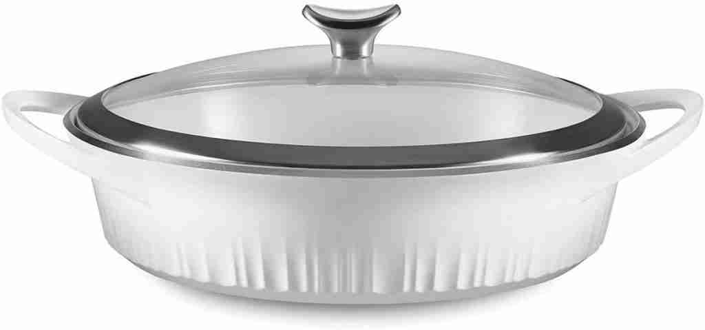 Corningware French White stoneware and aluminum casserole dish