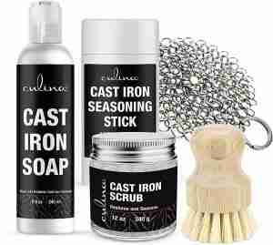 Cast Iron Seasoning Stick & Soap & Restoring Scrub & Stainless Scrubber & brush, Best for Cleaning, Non-stick Cooking & Restoring | for Cast Iron Cookware, Skillets